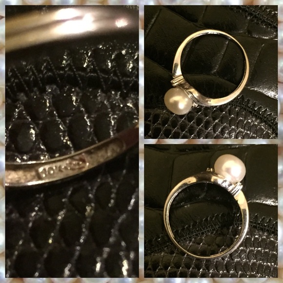 White Gold Pearl Ring w 2 Tiny Diamonds (repair) - Picture 3 of 8
